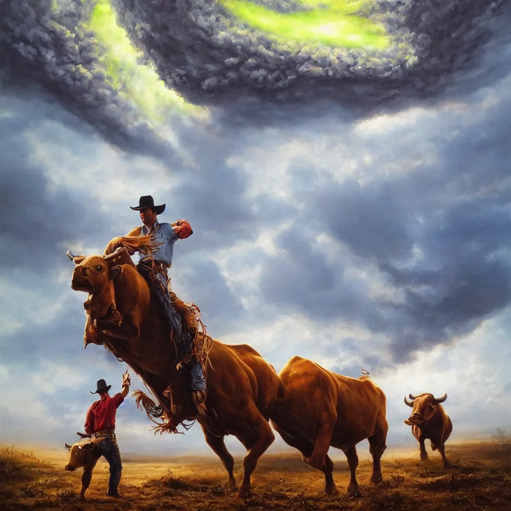 Image similar to Mark Magiori oil painting of a cowboy watching a bull get abducted by aliens, supercell cloud, extremely beautiful, amazing painting, HD, 8K, very detailed, photorealistic, hyperrealism