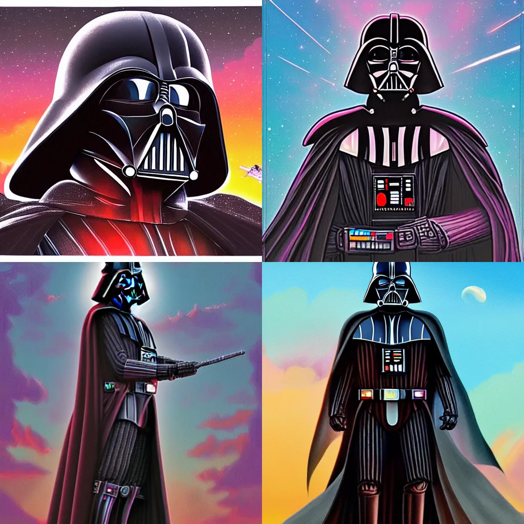 Prompt: highly detailed matte painting of darth vader by dan mumford and lisa frank, trending on artstation