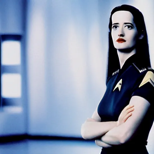 Image similar to a beautiful full body photograph of younger eva green as a star fleet officer from star trek next generation, extreme realism and detail, 8 k, completely framed, direct lighting, 3 5 mm photo, photorealistic, sharp focus