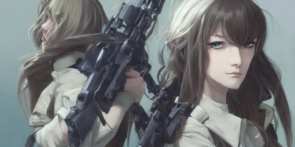 Image similar to soldier girl, concept art, anime style, long hair, hair down, symmetrical facial features, from girls frontline, hyper realistic, pale skin, 4 k, rule of thirds, extreme detail, detailed drawing, trending artstation, hd, fantasy, d & d, realistic lighting, by alphonse mucha, greg rutkowski, sharp focus, backlit, soldier clothing