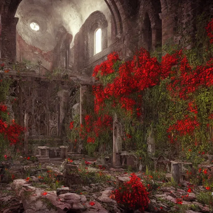 Image similar to a interior photo of a ruined church with a lot of red flowers growing inside at sunset, godrays, complementary colours, concept art, DeviantArt, Ferdinand Knab, beautiful, 8K,highly detailed, high quality spacious view in unreal engine rendering, CGSociety