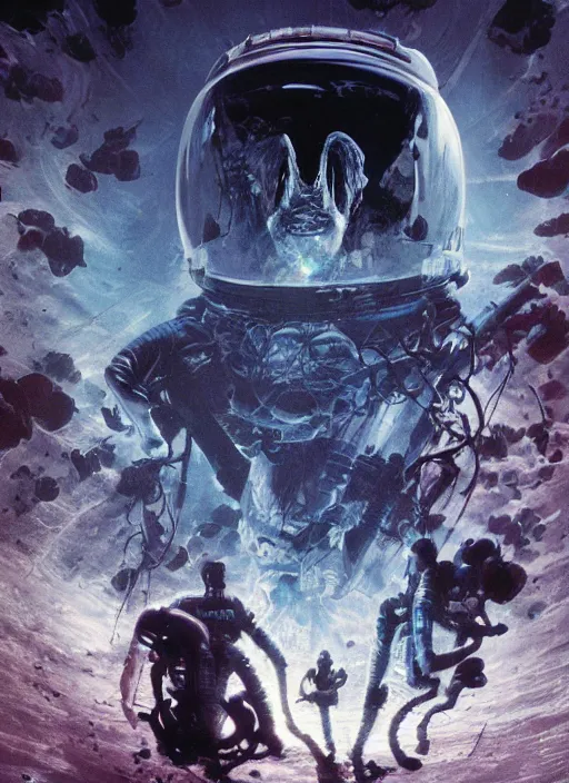 Prompt: astronauts in dark and empty void underwater - complex and hyperdetailed composition. reflection and dispersion materials. rays and dispersion of light. volumetric light. 5 0 mm, f / 3 2. noise film photo. flash photography. ultra realistic, wide angle. poster by wayne barlowe, hajime sorayama aaron horkey, craig mullins. dark key.