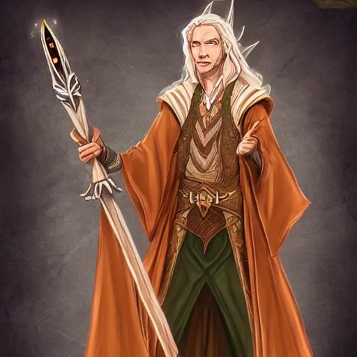 Image similar to Eladrin wizard in robes with wand, D&D character art, high quality