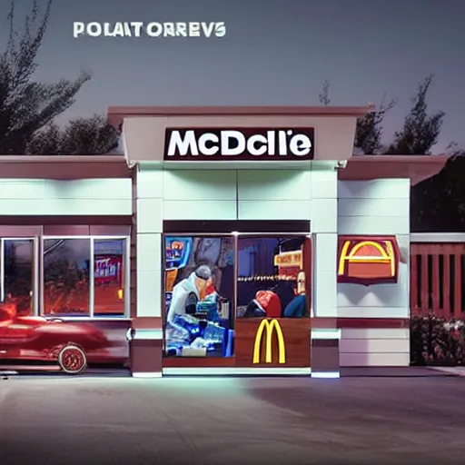 Image similar to commercial ad photo of a mcdonald's drive through in the moon starring lightyear steampunk style