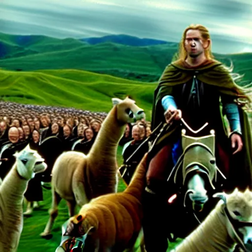 Image similar to still from lord of the rings showing the ride of the rohirrim, riding toward minas tirith on alpacas