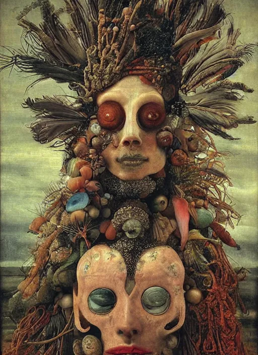 Image similar to a surreal painting of a ocean shaman's face, by Giuseppe Arcimboldo, symbolist, soft colors, dramatic lighting, smooth, sharp focus, extremely detailed, aesthetically pleasing composition