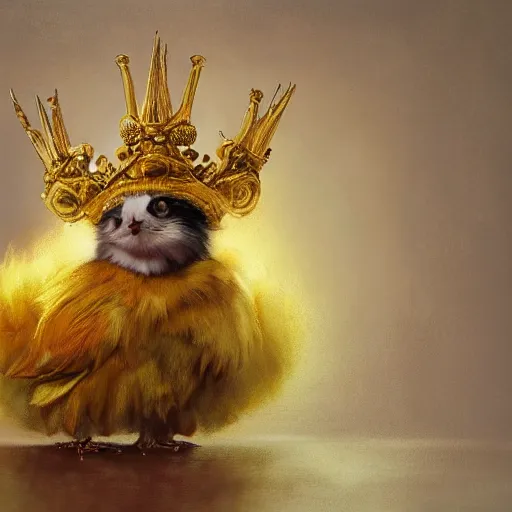 Prompt: a cute furry chick wears a golden metal crown on its head, by esao andrews, by m. w. kaluta, volumetric light, rich colors, very humorous oil painting, realistic reflections, smooth, concept art, depth perception, high depth of field, 4 k, unreal engine 5, ultradetailed, hyperrealistic, artstation