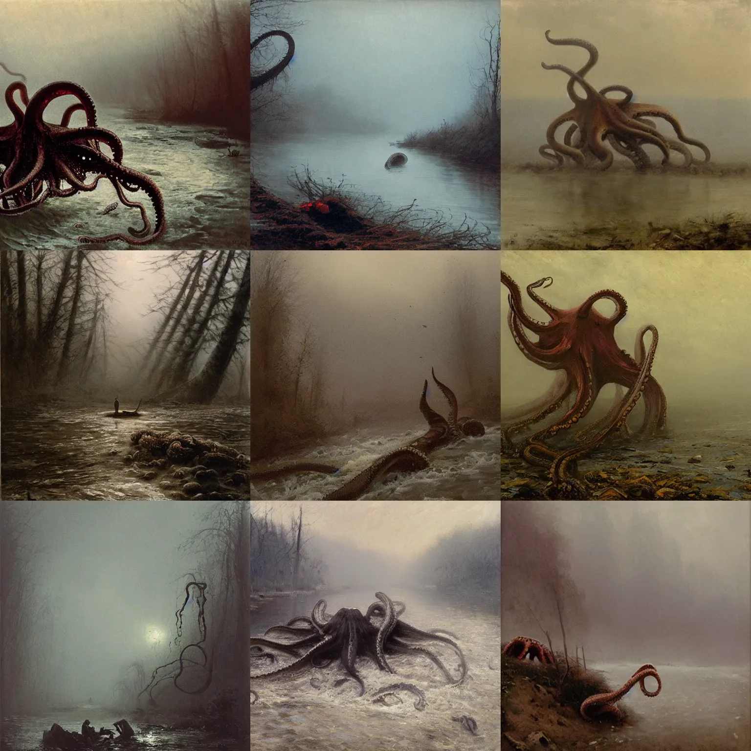 Prompt: Wild river in 1914 , dead giant oversized octopus !!! on side of the river, foggy evening, by Rozalski