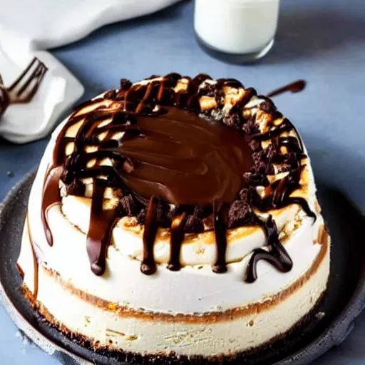 Image similar to photograph of a Cookie Dough Cheesecake with whipped cream and hot fudge dripping over it, 4K