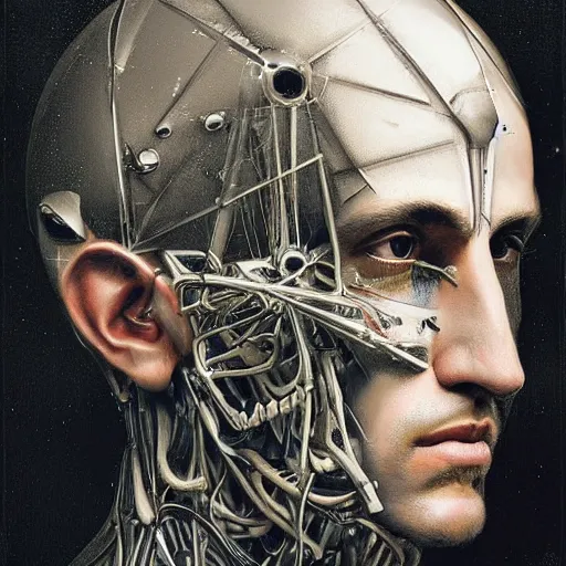 Image similar to surreal portrait of a man by Greg Rutkowski, symmetrical face, he is about 30 years old, short black hair with bangs, his features are a mix between French, Turkish and Russian, transformed into a kind of biomechanical transhuman god, uncany but fascinating, expression of epiphany and determination, cosmic void background, frightening, fascinating, highly detailed portrait, digital painting, book cover, artstation, concept art, smooth, sharp foccus ilustration, Artstation HQ