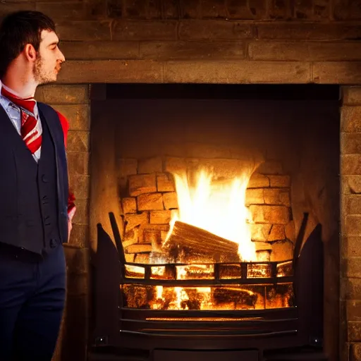 Prompt: man in a waistcoat staring at a log fire jelious girlfriend, 1 5 0 mm lighting effect