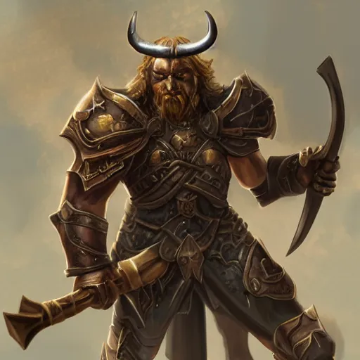 Prompt: Minotaur warrior with axe, human body, bull head, concept art, paladin golden armor, high details, digital painting, dark fantasy, guildwar artwork