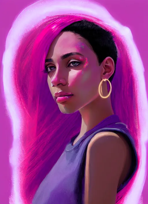 Image similar to portrait of teenage vanessa morgan with bright pink hair, black girl, curly pixie cut hair, wearing a purple breton cap, breton cap, hoop earrings, intricate, elegant, glowing lights, highly detailed, digital painting, artstation, concept art, smooth, sharp focus, illustration, art by wlop, mars ravelo and greg rutkowski