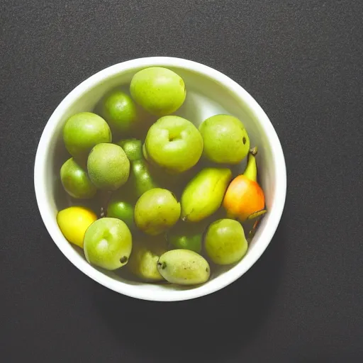 Prompt: bowl of fruit, black background, depth of field