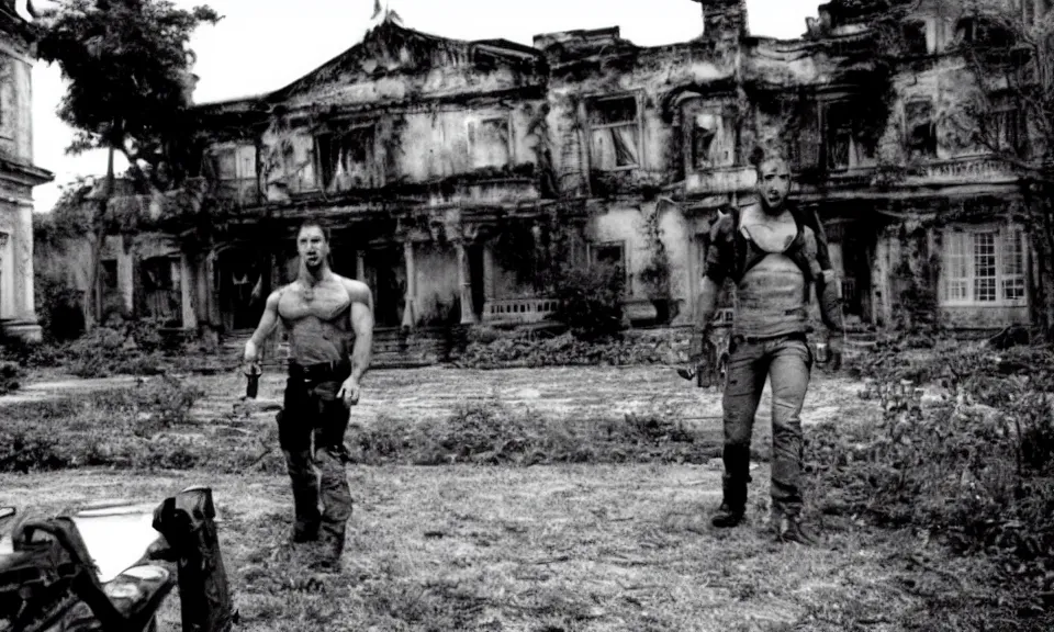 Image similar to 35mm film still, Resident evil, chris redfield in front of mansion, zombie, spooky, horror, old, dirty, reversal film stock