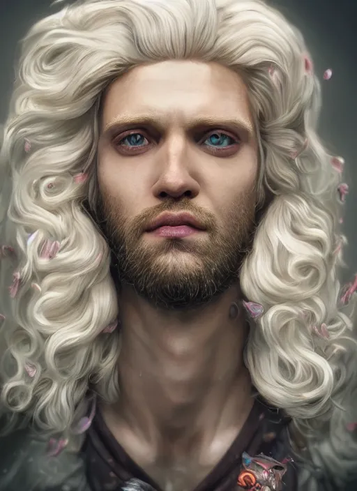 Image similar to An epic fantastic realism comic book style portrait painting of Lucius the most beautiful man in the universe, long fluffy blond curls of hair, porcelain pale skin, flowers rain everywhere, fisheye lens, Apex Legends Concept Art, porcelain, unreal 5, DAZ, hyperrealistic, octane render, cosplay, RPG portrait, dynamic lighting