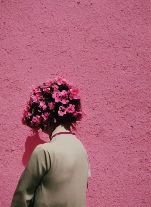 Image similar to extra close-up, color film photography, the back of a woman\'s head with interwoven flowers against a pink wall, daylight, 35mm