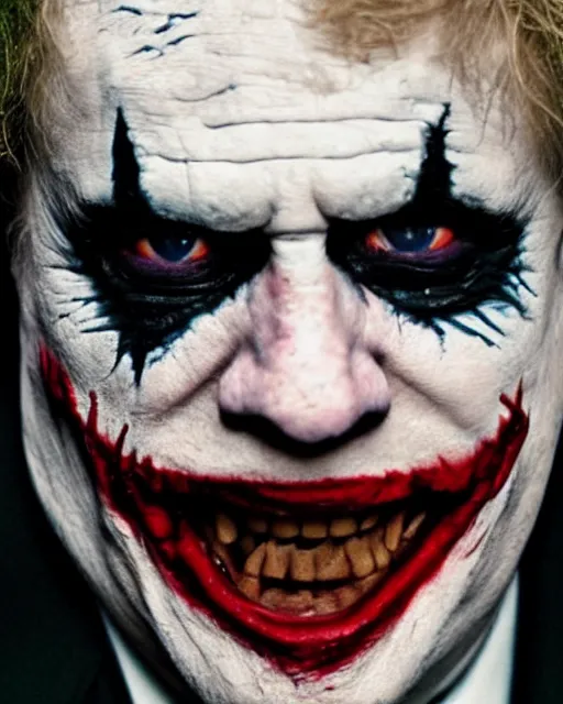 Image similar to film still close - up shot of boris johnson as the joker from the movie the dark knight. photographic, photography