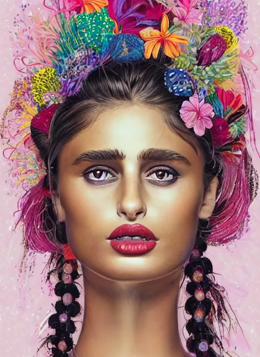 Prompt: beautiful portrait render of Taylor Hill wearing fantastic dress in the VICTORIA'S SECRET fashion show,embellished beaded feather decorative fringe knots ,colorful pigtail,subtropical flowers and plants,perfect symmetrica body shape,symmetrical face,intricate,elegant,highly detailed,8k,post-processing,digital painting,trending on pinterest,harper's bazaar,concept art, sharp focus, illustration, by artgerm,Tom Bagshaw,Lawrence Alma-Tadema,greg rutkowski,golden ratio