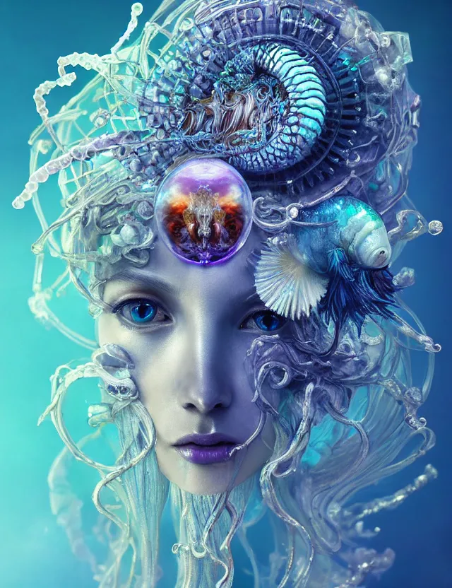 Image similar to goddess macro close - up portrait in crown made of ram skull. betta fish, jellyfish phoenix, bioluminiscent, plasma, ice, water, wind, creature, super intricate ornaments artwork by tooth wu and wlop and beeple and greg rutkowski