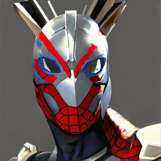 Image similar to greg manchess portrait painting of armored spiderman ultraman grey fox from metal gear cyborg gay japanese - american hybrid as overwatch character, medium shot, asymmetrical, profile picture, organic painting, sunny day, matte painting, bold shapes, hard edges, street art, trending on artstation, by huang guangjian and ail elvgren and sachin teng