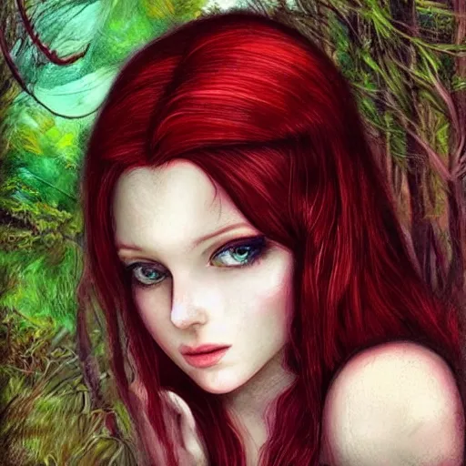 Prompt: “portrait of sensual fairy, redhair, long hair, magical forest, detailed face, artwork”