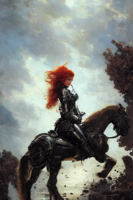 Prompt: muscular redhead young woman wearing black medieval armour, detailed, by gaston bussiere, bayard wu, greg rutkowski, giger, maxim verehin, greg rutkowski, masterpiece, sharp focus, cinematic lightning