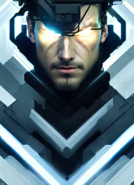 Image similar to symmetry!! portrait of solid snake, metal gear solid, tech wear, glowing lights!! intricate, elegant, highly detailed, digital painting, artstation, concept art, smooth, sharp focus, illustration, art by artgerm and greg rutkowski and alphonse mucha