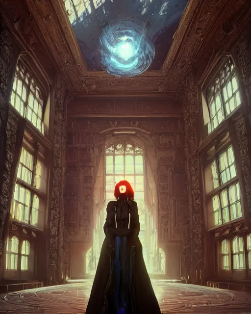 Image similar to highly detailed surreal vfx portrait of a female cyberpunk mage in a majestic castle by golden tree, stephen bliss, unreal engine, greg rutkowski, loish, rhads, beeple, makoto shinkai and lois van baarle, ilya kuvshinov, rossdraws, tom bagshaw, alphonse mucha, global illumination, detailed and intricate environment