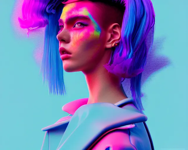 Prompt: portrait of a post modern vaporwave fashion model with an exuberant hair style, colorful, octane render, vray, detailed, halftoned, editorial illustration, matte print, grainy light, ( ( dither ) ), risograph, high contrast, screen print, textured