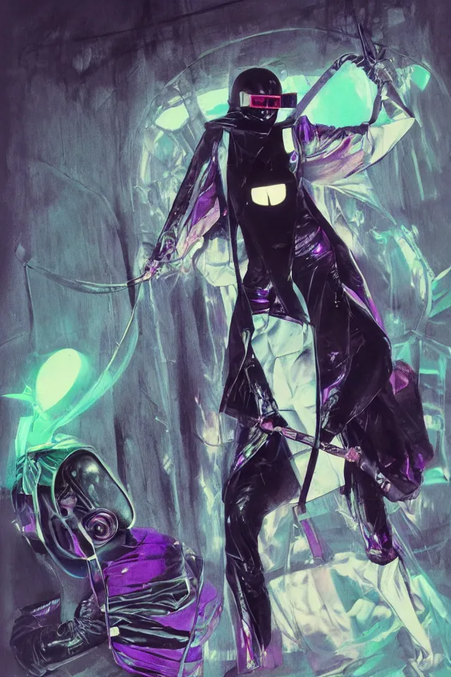 Prompt: concept art androgynous ninja in rocker tunic made of iridiscent fabric, radio goggles, iridiscent, cinematic lighting at night, iridiscent light, wet floors, neon, syd mead, tim walker, masterpiece, fashion design