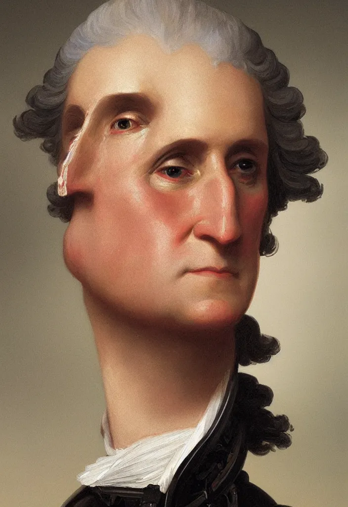 Prompt: a portrait of george washington with cybernetic upgrades to half of his face, intricate, war torn, highly detailed, digital painting, one eye human one eye robotic, artstation, concept art, smooth, sharp focus, illustration, art by artgerm and greg rutkowski and alphonse mucha and william - adolphe bouguereau