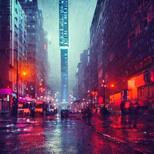 Image similar to professional photograph of a bustling neon dystopian city, rainy sidewalks, high quality, highly detailed, HD, 8K