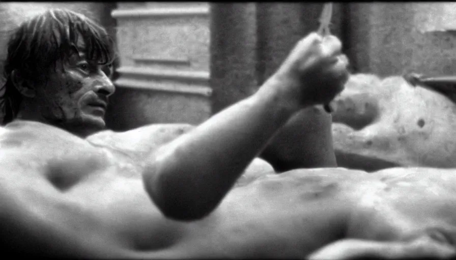 Image similar to 1 9 6 0 s movie still by tarkovsky of jean - paul marat a knife stuck in the chest in his bath, cinestill 8 0 0 t 3 5 mm b & w, high quality, heavy grain, high detail, panoramic, cinematic composition, dramatic light, anamorphic, raphael style, piranesi style, bloody