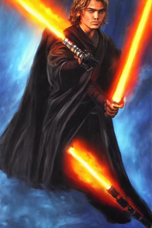 Image similar to anakin skywalker emerging from a ocean of flames. he is wearing darth vader's suit. he has a lightsaber in his right hands and clenches the left hand as a fist. detailed portrait. photorealistic. digital oil painting. visible brushstrokes