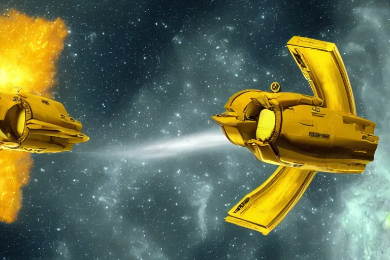 Prompt: A yellow space taxi with nuclear boosters traveling to a nebula, sci-fi art