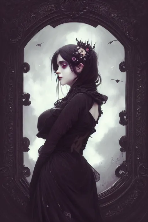 Image similar to portrait of radical lolita girl, dreamy and ethereal, dark eyes, peaceful expression, ornate goth dress, dark fantasy, chaotic, elegant, black crows flying, highly detailed, digital painting, artstation, concept art, smooth, sharp focus, illustration, art by artgerm and greg rutkowski and alphonse mucha