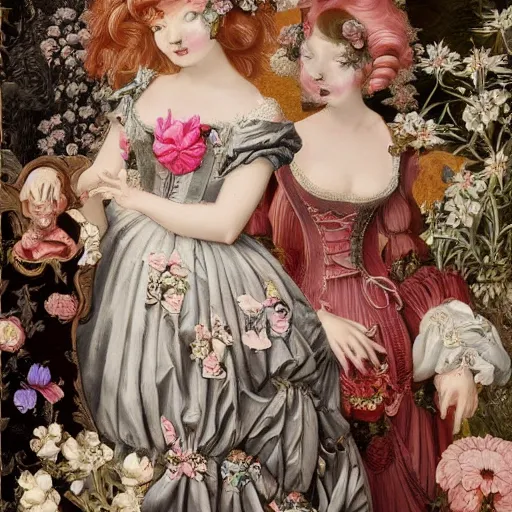 Image similar to 8k, realism, renaissance, rococo, baroque, group of creepy young ladies wearing renaissance long harajuku manga dress with flowers and skulls, background chaotic flowers