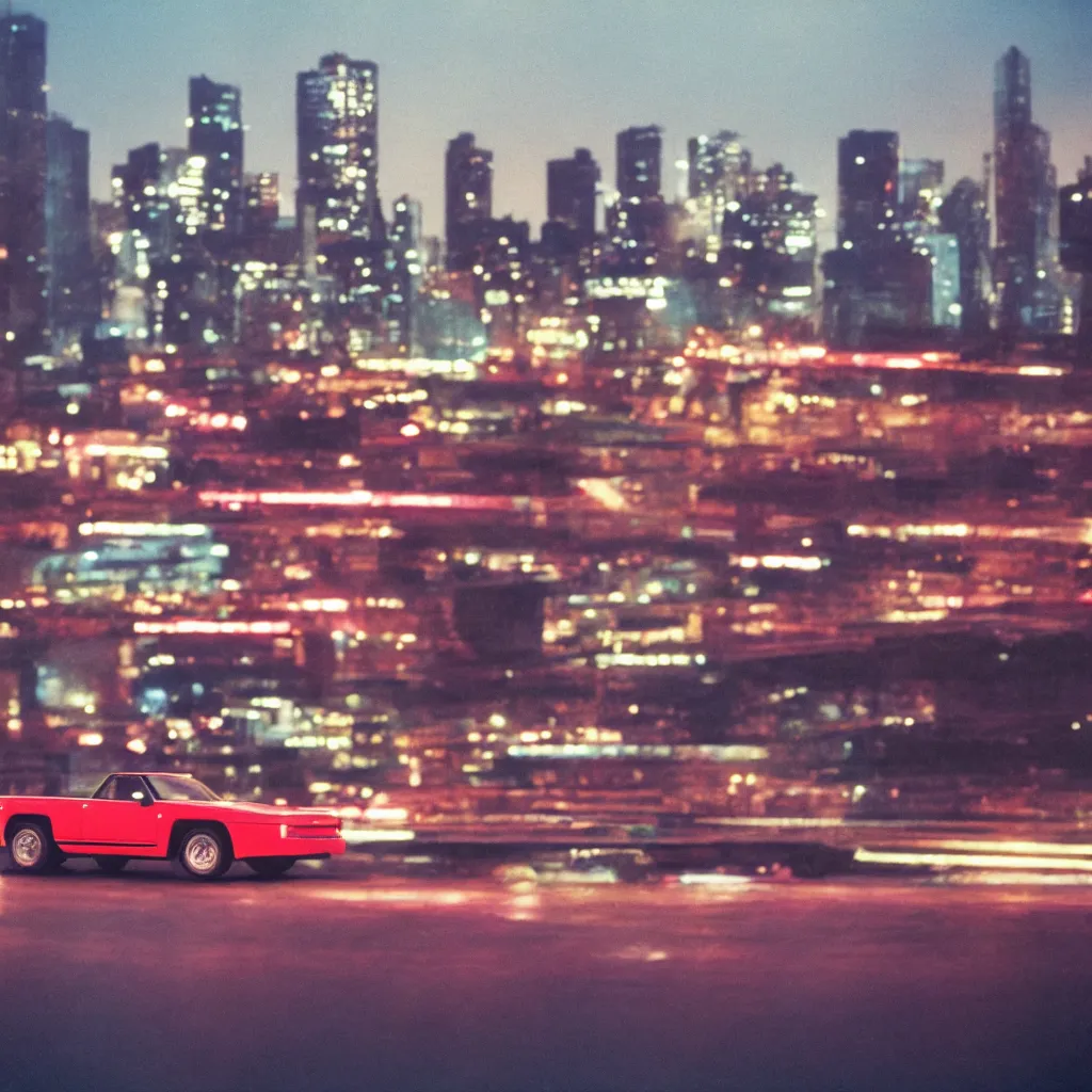 Image similar to 8 0 s neon movie still, portrait of a single car by the river with city in background, medium format color photography, blurred background, movie directed by kar wai wong, hyperrealistic, photorealistic, high definition, highly detailed, tehnicolor, anamorphic lens