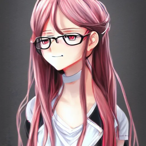 Prompt: advanced digital anime character design sketch, Girl with long braided silver hair and spectacle glasses wearing a black high school outfit and red skirt, drawn by Sakimimichan ,WLOP and Artgerm