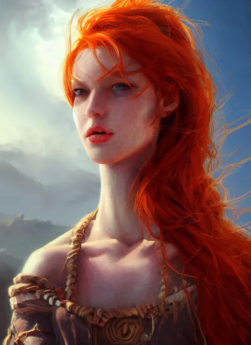 Image similar to Redhead girl which chest wrapped in bandages in desert, portrait, fantasy, medieval, vivid colors, fantasy, elegant, concept art, sharp focus, beautiful face, digital art, Hyper-realistic, 4K, Unreal Engine, Highly Detailed, HD, Dramatic Lighting by Brom, trending on Artstation