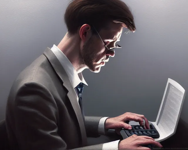 Image similar to portrait of a man typing on a computer, surrealism, detailed surroundings, artstation, detailed facial expression, centered, intricate, sharp focus, highly detailed, concept art, smooth, illustration, digital painting, elegant, intense emotion, by greg rutkowski, wlop