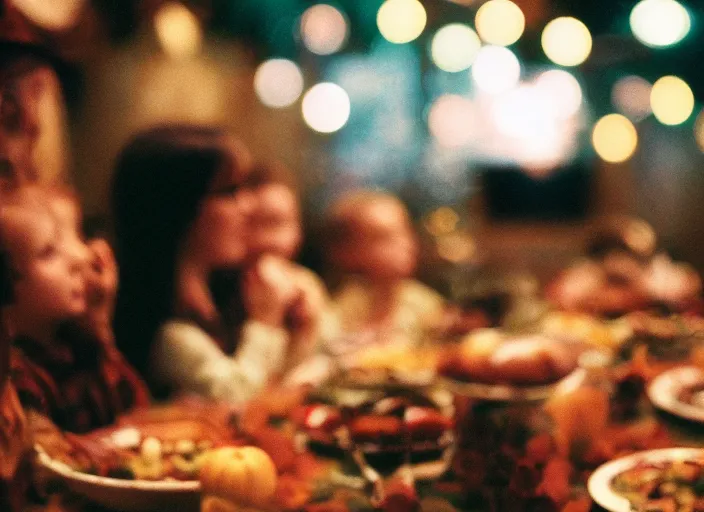 Prompt: a 3 5 mm photo of a family thanksgiving, bokeh, canon 5 0 mm, cinematic lighting, dramatic, film, photography, golden hour, depth of field, award - winning, 3 5 mm film grain, retro, film, kodachrome