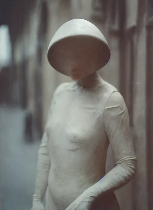 Prompt: medieval helm, motion blur!!, out of focus!! photorealistic portrait of a beautiful pale woman by saul leiter, translucent white skin, closed eyes, foggy, pale lips