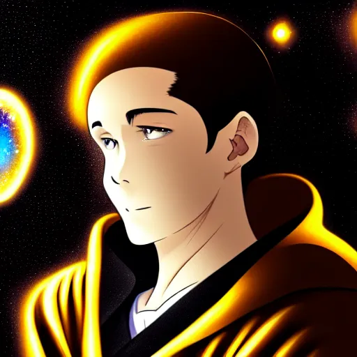 Image similar to a man with with brown hair, wearing a black robe with the tips made of gold, setting in space with a galaxy in the backround, anime, trending on artstation, high quality