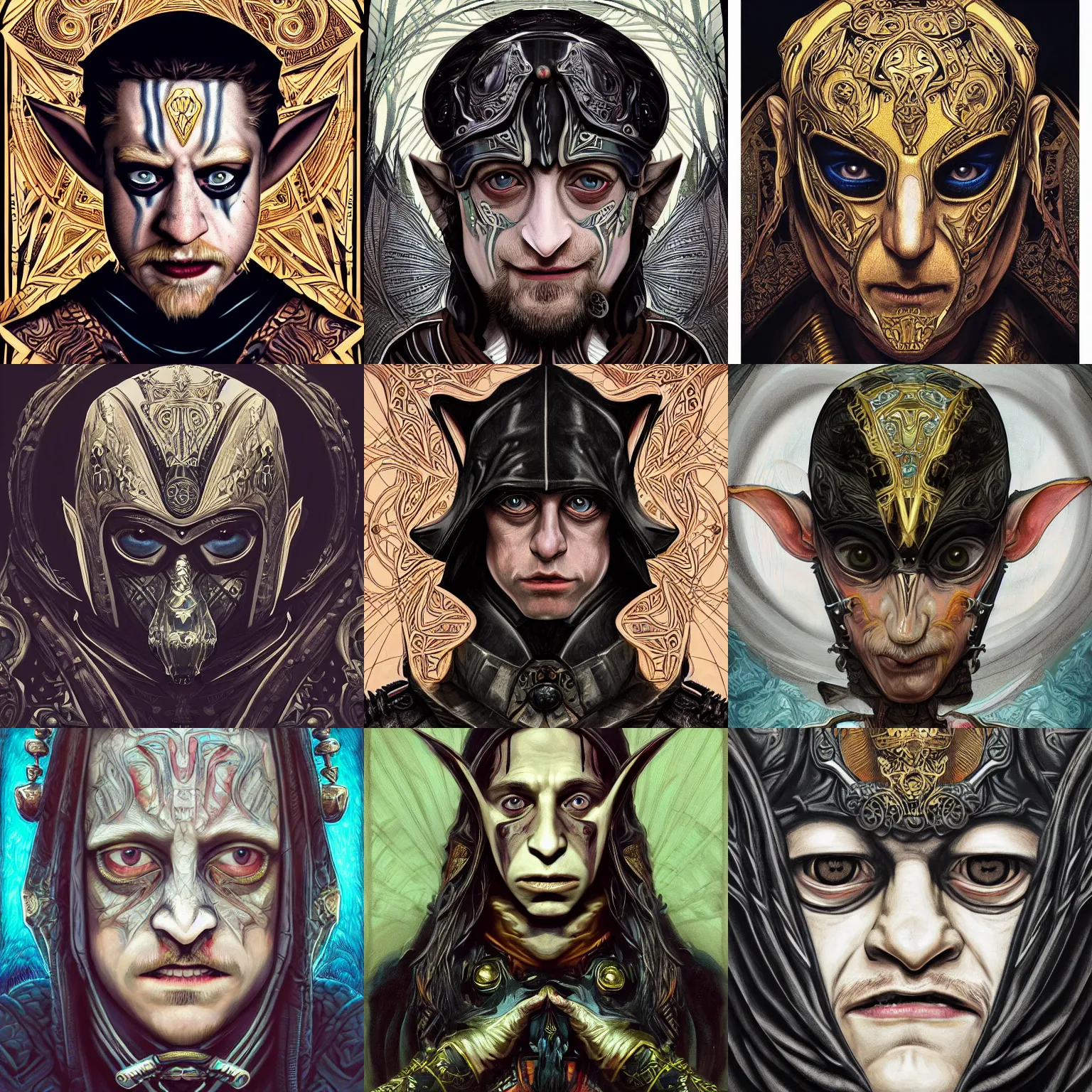 Prompt: head-on symmetrical centered painted portrait, Macaulay Culkin as a goblin assassin, black leather armour, art nouveau, tarot card style, complex tarot card background, fantasy, intricate, elegant, highly detailed, smooth, sharp focus, illustration, artstation, in the style of Artgerm and Anna Podedworna and Alex Ross and Mucha