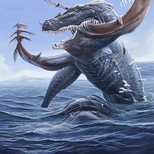 Image similar to hyper realistic sea monster with harpoons sticking out of it's skin