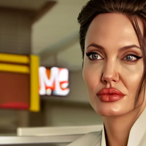 Image similar to Angelina Jolie working as a McDonalds cashier, macro, wide shot, dramatic, octane render, hyperrealistic, HD