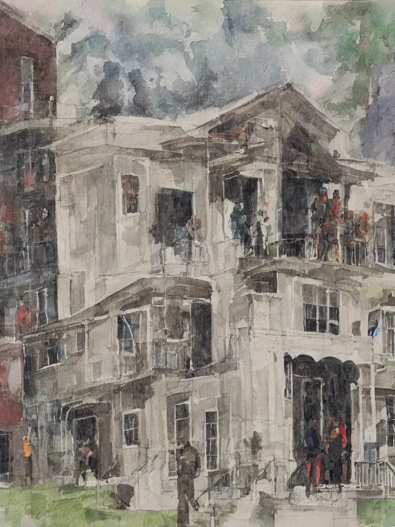 Prompt: people stand at the parsonage and observe the elevation of the structure, high detailed, art by jack butler, part by chris gwaltney dominic besner, gloomy colours