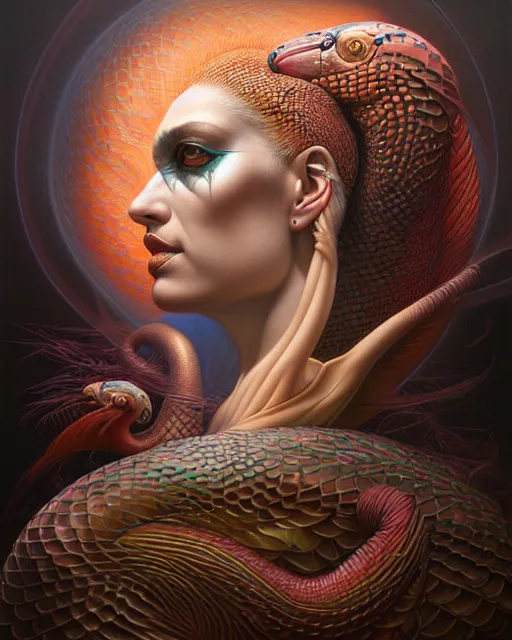 Image similar to a detailed portrait of dreampunk flamingo python hybrid mix goddess by tomasz alen kopera and peter mohrbacher